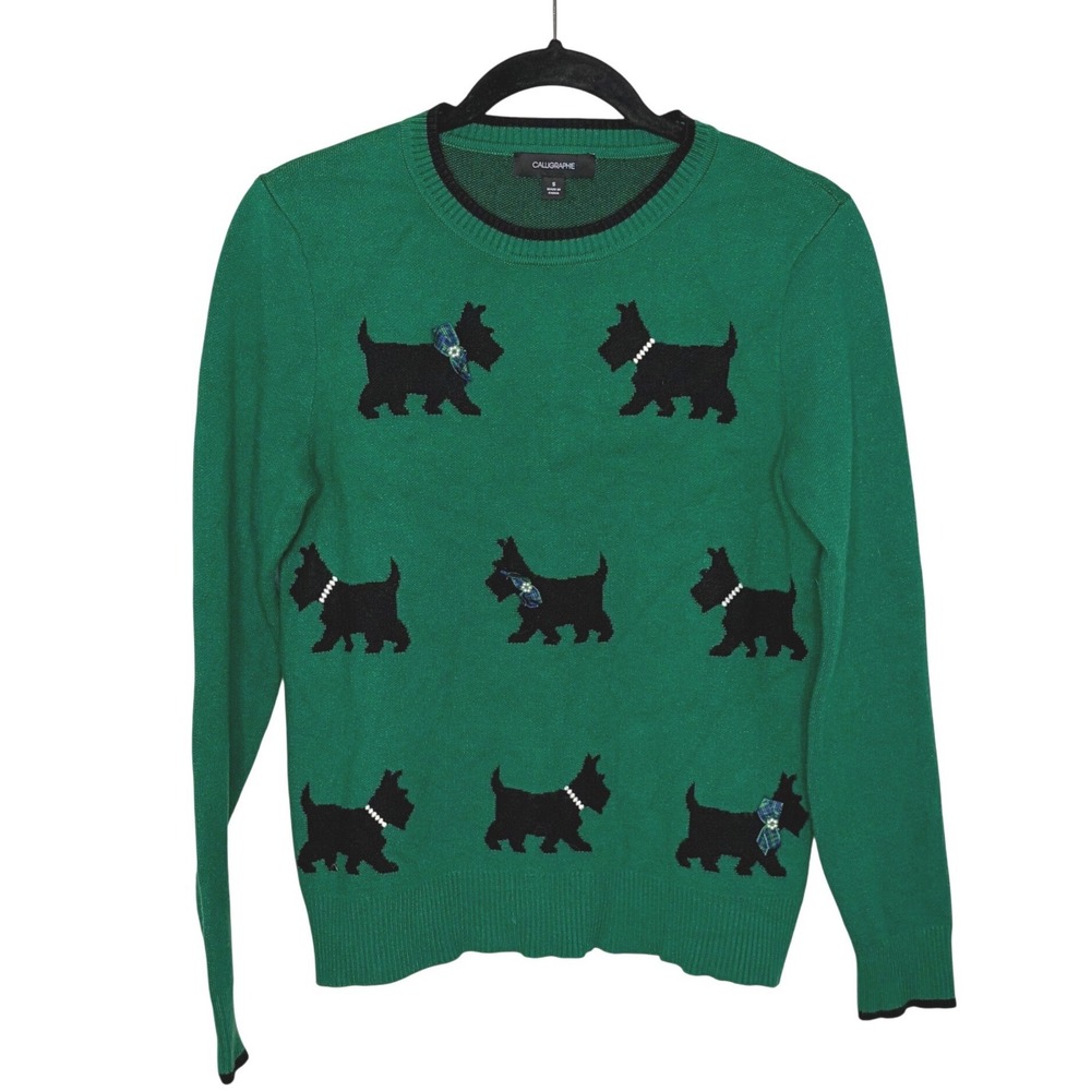 Anthropologie Calligraphie Scottie Dog Sweater Green Small
